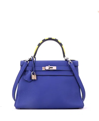 Pre-owned Pre-owned Hermes  Hermes Kelly 28 Togo Leather Palladium Hardware Shoulder Bag In Bleu Electrique