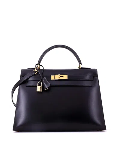 Pre-owned Pre-owned Hermes  Hermes Kelly 32 Handbag Black Box Calf With Gold Hardware In Noir