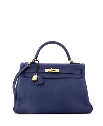 Pre-owned Pre-owned Hermes  Hermes Kelly 32 Handbag Blue Clemence With Gold Hardware In Bleu Saphir