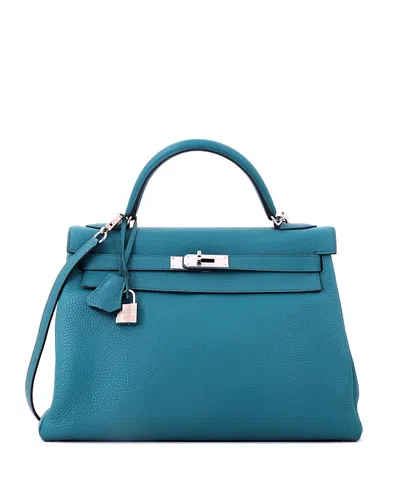 Pre-owned Pre-owned Hermes  Hermes Kelly 32 Handbag Blue Togo With Palladium Hardware