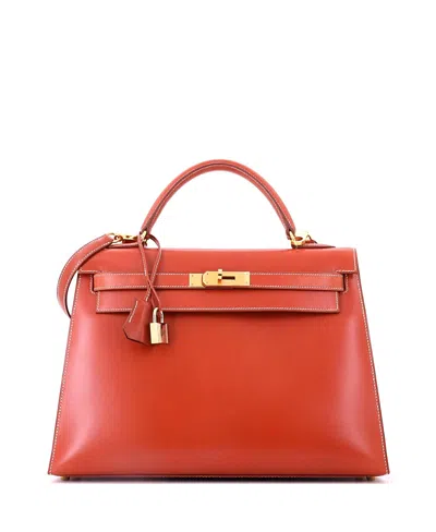 Pre-owned Pre-owned Hermes  Hermes Kelly 32 Handbag Orange Box Calf With Gold Hardware In Brown