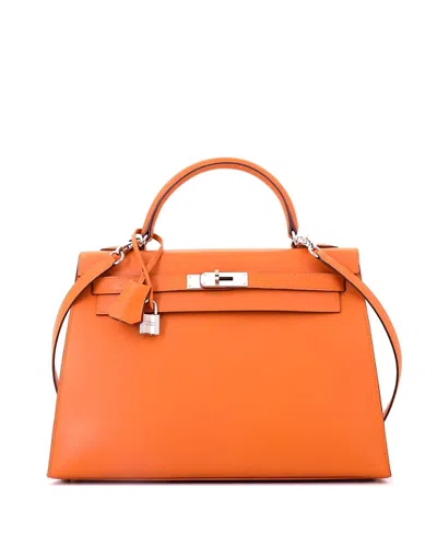 Pre-owned Pre-owned Hermes  Hermes Kelly 32 Handbag Orange Box Calf With Palladium Hardware