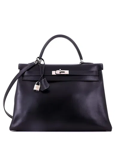 Pre-owned Pre-owned Hermes  Hermes Kelly 35 Box Calf Leather Palladium Hardware Handbag In Noir