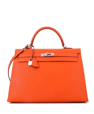 Pre-owned Pre-owned Hermes  Hermes Kelly 35 Handbag Orange Epsom With Palladium Hardware In Feu