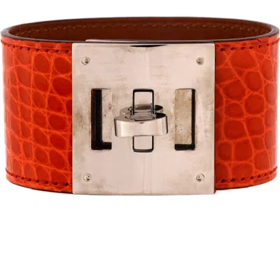 Pre-owned Hermes  Hermes Kelly Dog Bracelet Alligator In Orange