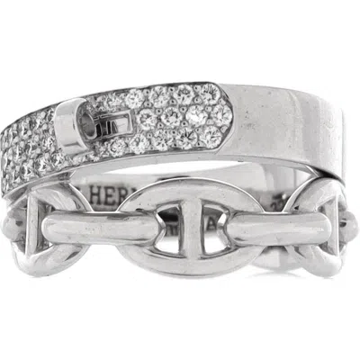 Pre-owned Hermes  Hermes Kelly Double Tour Ring 18k White Gold With Pave Diamonds In Metallic