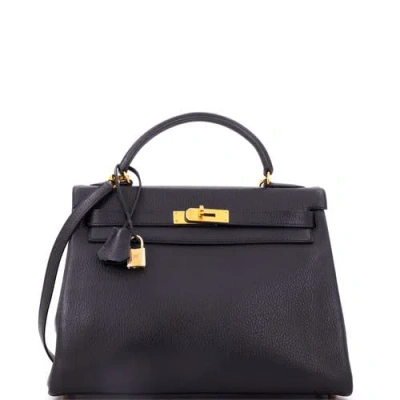 Pre-owned Pre-owned Hermes  Hermes Kelly Handbag Black Ardennes With Gold Hardware 32
