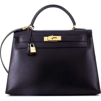 Pre-owned Hermes  Hermes Kelly Handbag Black Box Calf With Gold Hardware 32