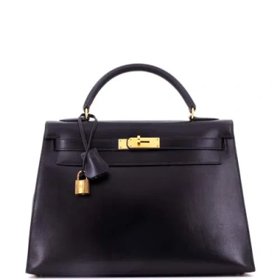 Pre-owned Hermes  Hermes Kelly Handbag Black Box Calf With Gold Hardware 32 In Purple
