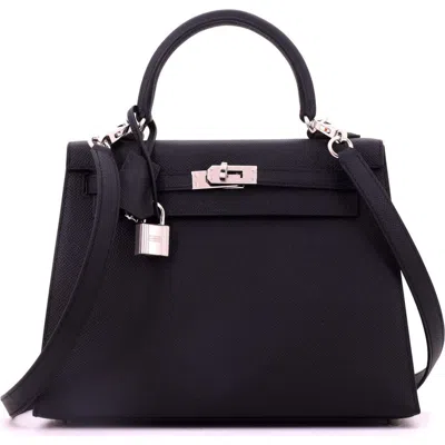 Pre-owned Hermes  Hermes Kelly Handbag Black Epsom With Palladium Hardware 25