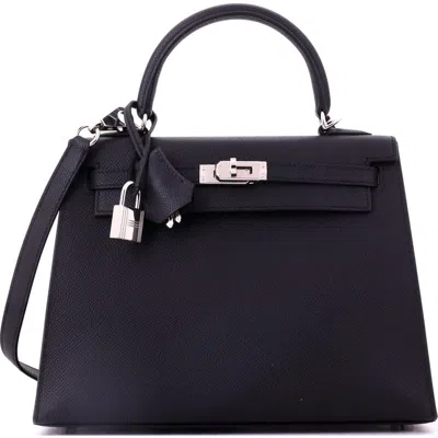 Pre-owned Hermes  Hermes Kelly Handbag Black Epsom With Palladium Hardware 25