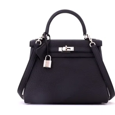 Pre-owned Hermes  Hermes Kelly Handbag Black Togo With Palladium Hardware 25