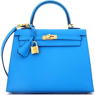 Pre-owned Hermes  Hermes Kelly Handbag Blue Epsom With Gold Hardware 25