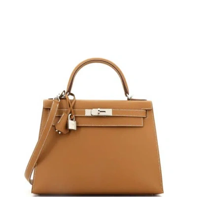 Pre-owned Hermes  Hermes Kelly Handbag Brown Epsom With Palladium Hardware 28 In Gold