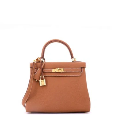 Pre-owned Hermes  Hermes Kelly Handbag Brown Togo With Gold Hardware 25