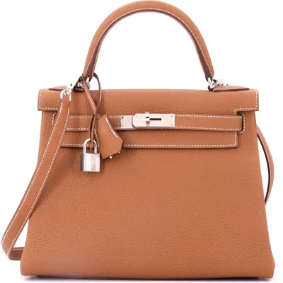 Pre-owned Hermes  Hermes Kelly Handbag Brown Box Calf With Palladium Hardware 28