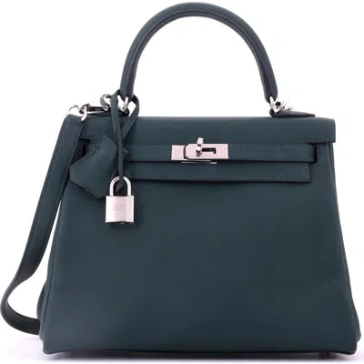 Pre-owned Hermes  Hermes Kelly Handbag Green Swift With Palladium Hardware 25 In Blue