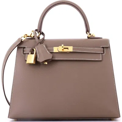 Pre-owned Hermes  Hermes Kelly Handbag Grey Epsom With Gold Hardware 25 In Brown