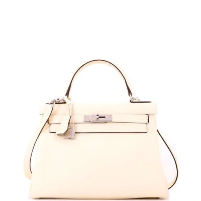 Pre-owned Hermes  Hermes Kelly Handbag Light Clemence With Palladium Hardware 28 In White