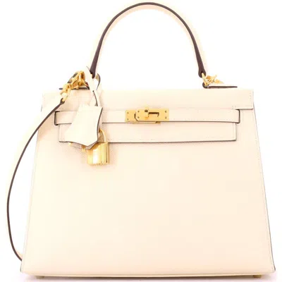 Pre-owned Hermes  Hermes Kelly Handbag Light Epsom With Gold Hardware 25 In White