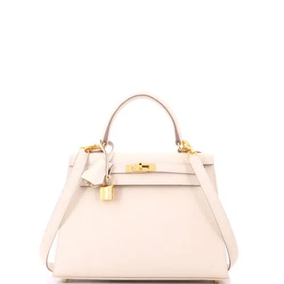 Pre-owned Hermes  Hermes Kelly Handbag Light Epsom With Gold Hardware 25 In White