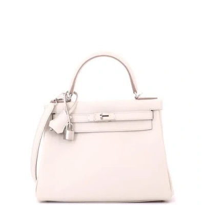 Pre-owned Hermes  Hermes Kelly Handbag Light Evercolor With Palladium Hardware 28 In White