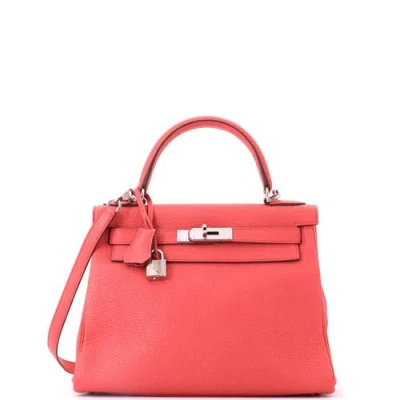 Pre-owned Hermes  Hermes Kelly Handbag Pink Clemence With Palladium Hardware 28 In Red