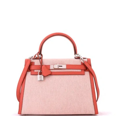 Pre-owned Hermes  Hermes Kelly Handbag Toile And Brown Swift With Palladium Hardware 28 In Red