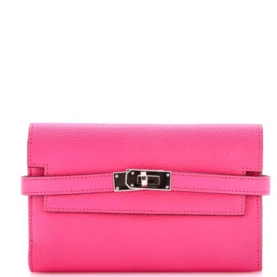 Pre-owned Hermes  Hermes Kelly Trifold Wallet Chevre Mysore Medium In Pink