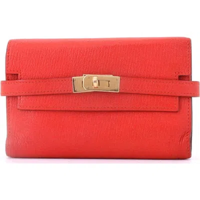 Pre-owned Hermes  Hermes Kelly Trifold Wallet Chevre Mysore Medium In Red