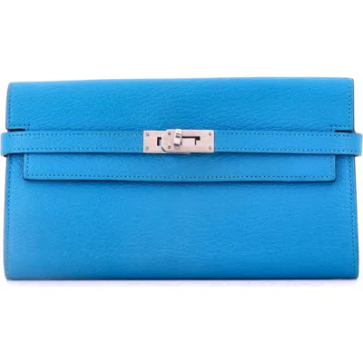 Pre-owned Hermes  Hermes Kelly Wallet Chevre Mysore Long In Blue