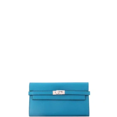 Pre-owned Hermes  Hermes Kelly Wallet Epsom Long In Blue