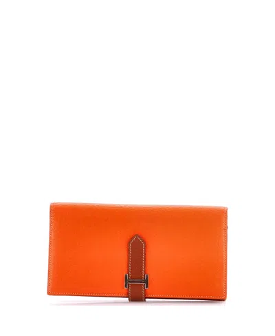 Pre-owned Pre-owned Hermes  Hermes Long Bearn Wallet Chevre Mysore In Orange