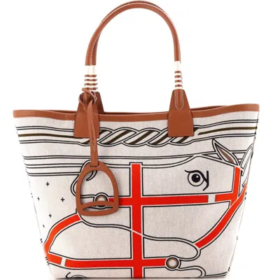 Pre-owned Hermes  Hermes Sac Steeple Tote Printed Toile With Leather 28 In Neutral