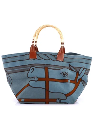Pre-owned Pre-owned Hermes  Hermes Sac Steeple Tote Printed Toile With Wood In Blue/ Blue/ Brown