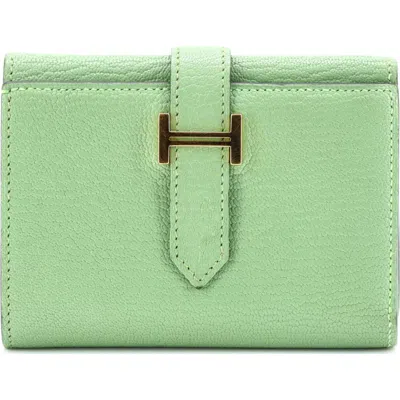 Pre-owned Hermes  Hermes Trifold Bearn Wallet Chevre Mysore Compact In Green