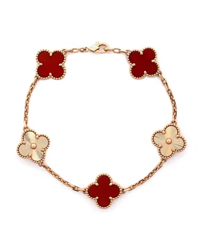 Pre-owned Pre-owned Van Cleef & Arpels  Van Cleef & Arpels Vintage Alhambra 5 Motifs Bracelet Guilloche 18k Rose Gold And Carnelia In Pink