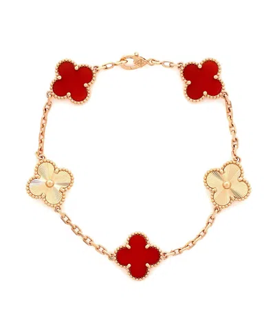Pre-owned Pre-owned Van Cleef & Arpels  Van Cleef & Arpels Vintage Alhambra 5 Motifs Bracelet Guilloche 18k Rose Gold And Carnelia In Pink
