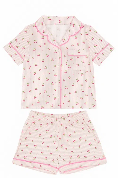 Preppy Goose Kids'  Cherry Stripes Short Sleeve Jersey Pj In Pink