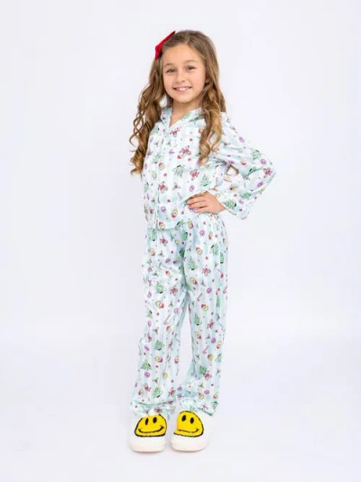 Preppy Goose Kids'  Christmas Emojis Satin Long Sleeve Pajama Pant Set In Multi