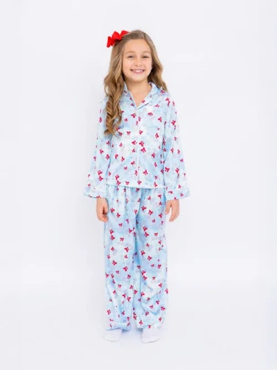 Preppy Goose Kids'  Disco Cherries Satin Long Sleeve Pajama Pant Set In Blue