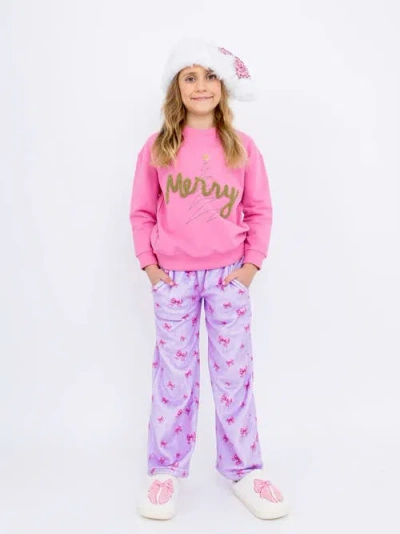 Preppy Goose Kids'  Plush Holiday Bows Loungewear Pant In Purple