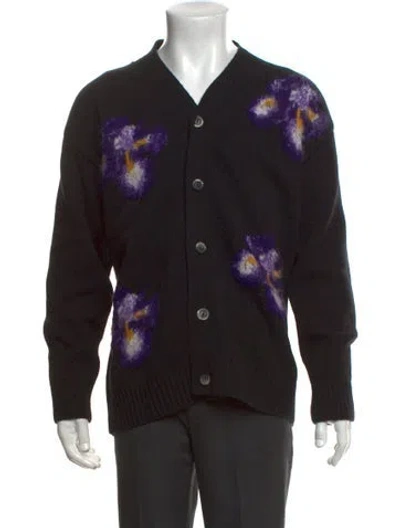 Pre-owned President's Wool Floral Print Cardigan In Black
