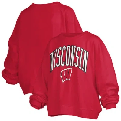 Pressbox Red Wisconsin Badgers Janise Arch Over Logo Waist Length Oversized Pullover Sweatshirt