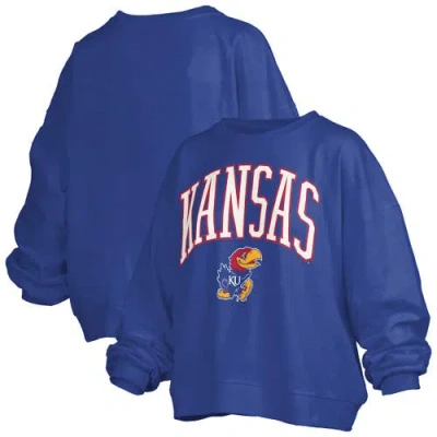 Pressbox Royal Kansas Jayhawks Janise Arch Over Logo Waist Length Oversized Pullover Sweatshirt In Blue