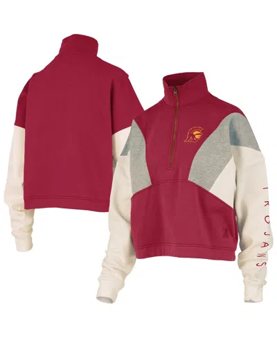 Pressbox Women's Cardinal Usc Trojans Ferrara Color Block Quarter-zip Sweatshirt In Red