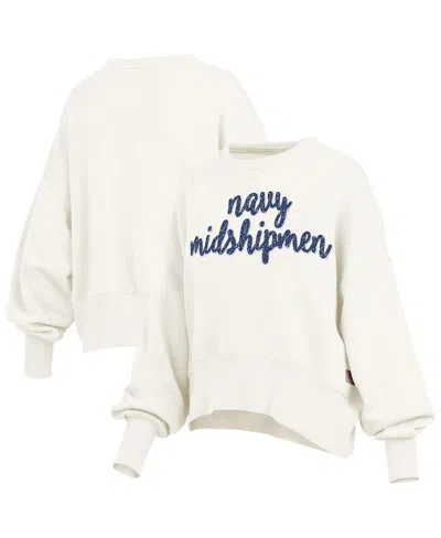 PRESSBOX WOMEN'S CREAM NAVY MIDSHIPMEN OVERSIZED CHELSEA WAIST LENGTH PULLOVER SWEATSHIRT