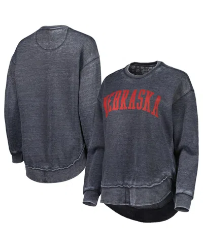 PRESSBOX WOMEN'S PRESSBOX BLACK DISTRESSED NEBRASKA HUSKERS VINTAGE-LIKE WASH PULLOVER SWEATSHIRT