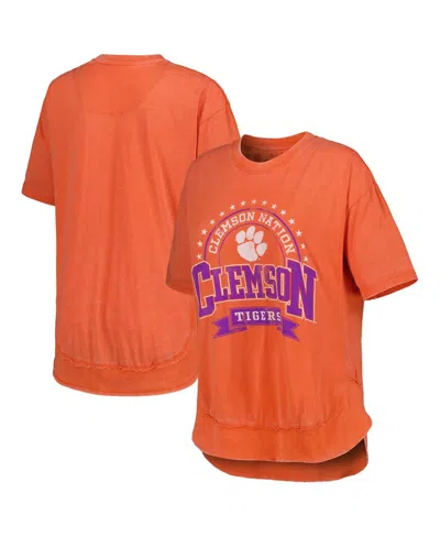 Pressbox Women's  Heather Orange Distressed Clemson Tigers Vintage-like Wash Poncho Captain T-shirt