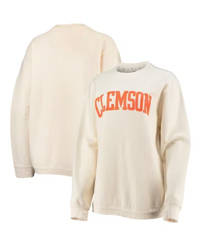 PRESSBOX WOMEN'S PRESSBOX WHITE CLEMSON TIGERS COMFY CORD VINTAGE-LIKE WASH BASIC ARCH PULLOVER SWEATSHIRT